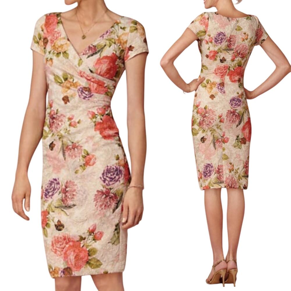 Adrianna Papell BHLDN Coraline Floral Mini Sheath Dress Faux Wrap Blush Pink 6